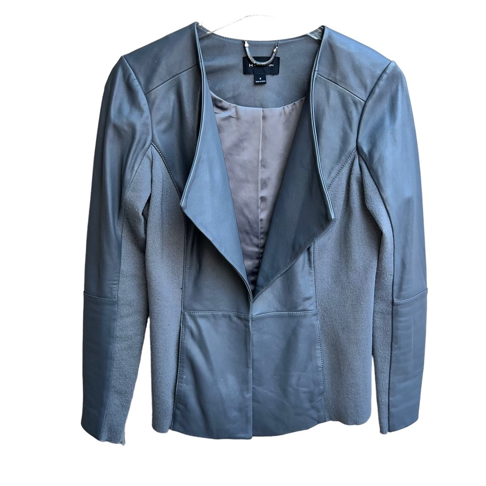H by Halston Grey Leather with Side Stretch Knit Panels Pockets Jacket Small